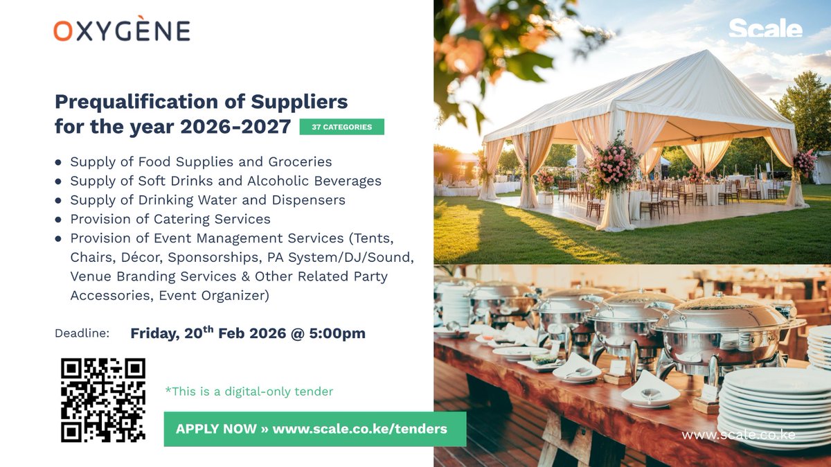 ScaleKenya's tweet photo. Are you in the #food #beverage #catering or #events industry? View 37 Categories to prequalify with @OxygeneMCL including:
-Food Supplies &amp; Groceries
-Soft Drinks &amp; Alcoholic Beverages
-Drinking Water &amp; Dispensers
-Catering
-Event Management 
📲 Apply at https://t.co/H2m19QLgxO https://t.co/2zOrTbHgXs