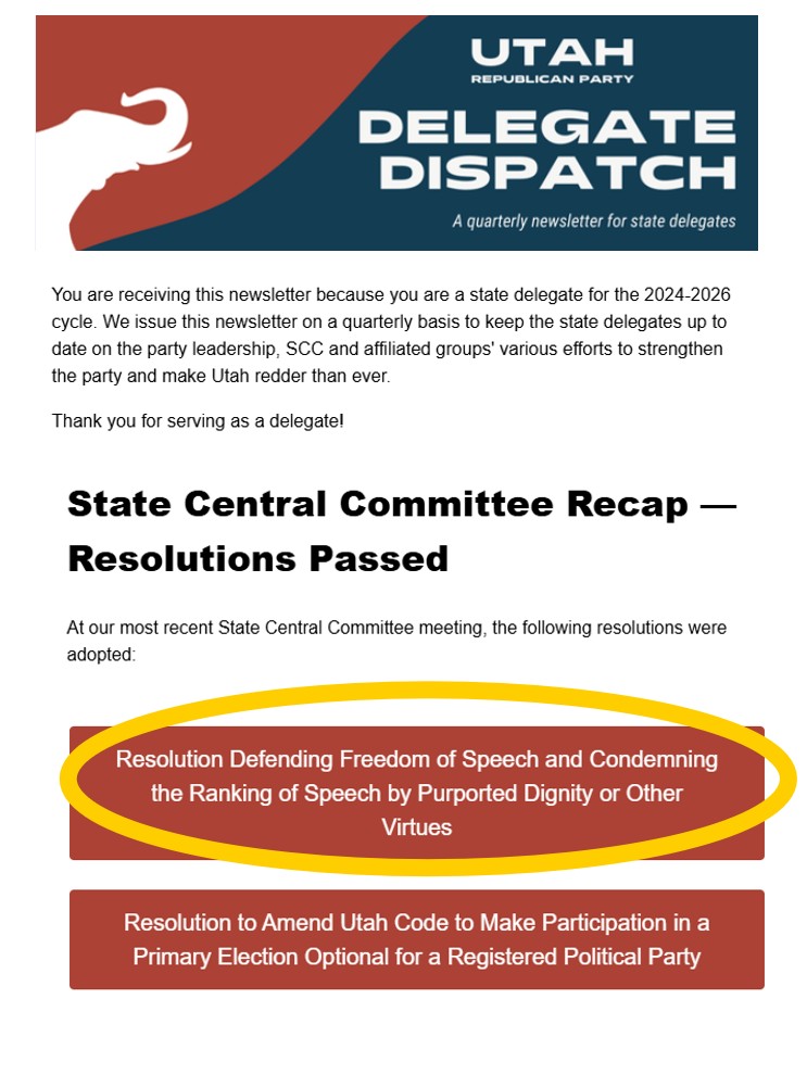 Here is one of the reasons (there are several) why I believe that the <a href="/UtahGOP/">UtahGOP</a> was incapable of launching a successful grassroots effort to gather signatures for the Repeal Prop 4 Initiative (Congressional maps).

🐘 Last month, <a href="/UtahGOP/">UtahGOP</a> State Central Committee (SCC) passed a