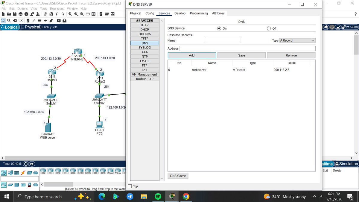 amyy_nwa's tweet photo. Day97/100 #100DaysOfNetworking
Configured the translation of the web server private IP address to a public one
Applied an extended ACL permitting only HTTP and ICMP traffic to the server.
Deployed an A-record on the DNS Server. @ireteeh @TemitopeSobulo @segoslavia https://t.co/gEAVtgfPEt