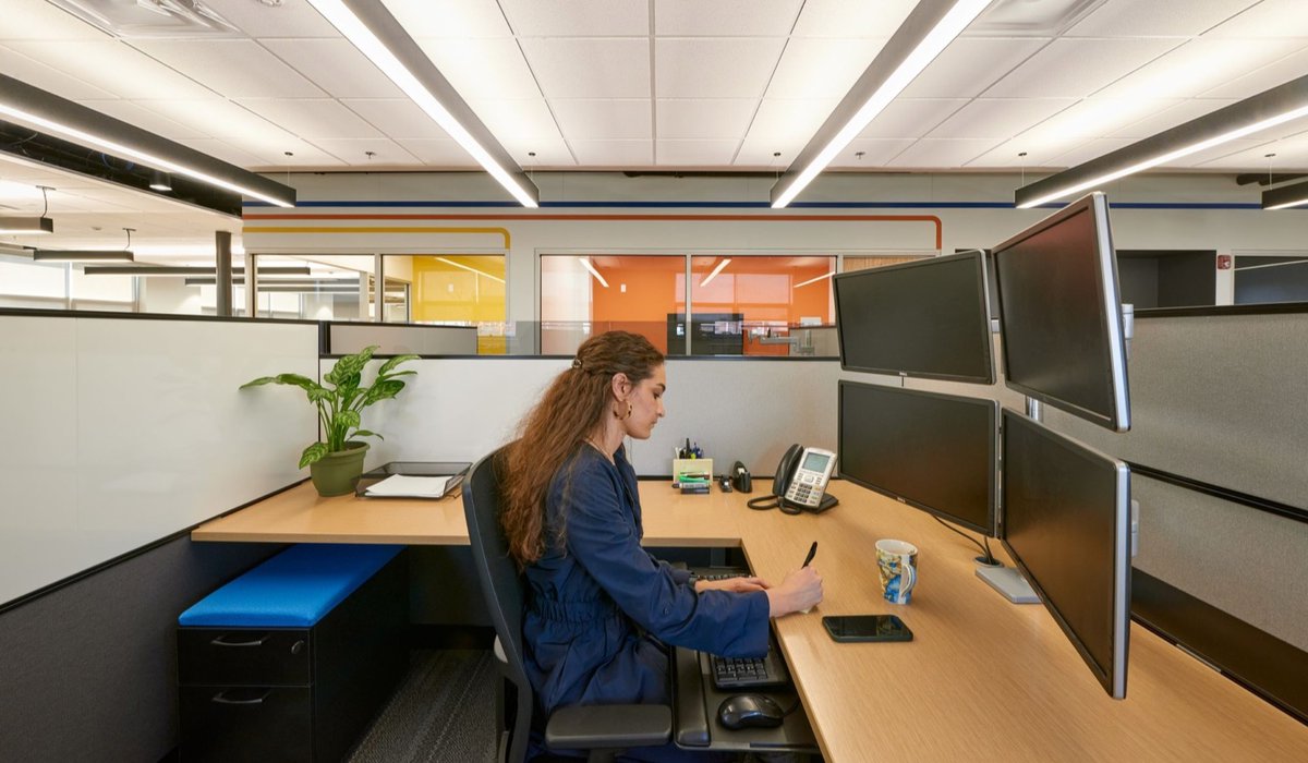 BOLD COLOR BLOCKING introduced into Stark County Commissioners offices transformed a 1970s building into a modern, collaborative workspace that enhances efficiency and integrates cutting-edge technology. #officecolorstories hubs.ly/Q0436FG90