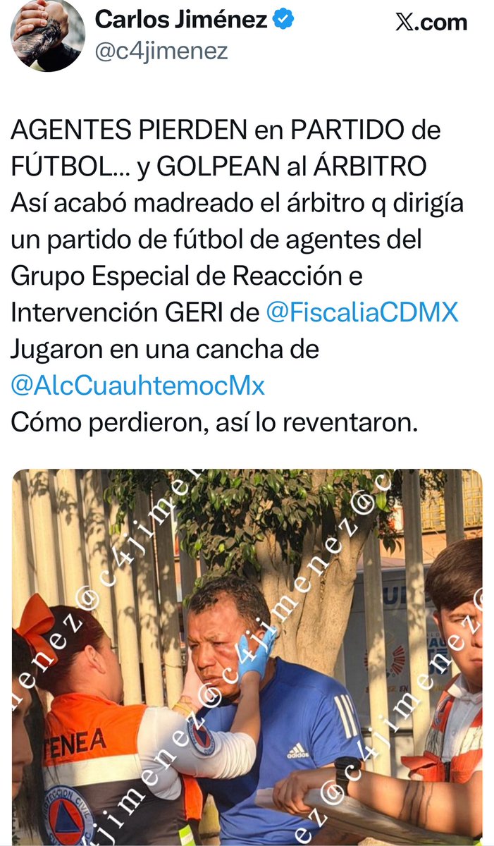 VAN por los AGENTES q GOLPEARON a UN ARBITRO
Daniel Cabrera
Omar Cárdenas
Son elementos del Gpo Especial de Reacción e Intervención de <a href="/FiscaliaCDMX/">Fiscalía CDMX</a> 
Estaban en un partido de fútbol en <a href="/AlcCuauhtemocMx/">Alcaldía Cuauhtémoc</a>
Se molestaron por perder, y así l  lo madrearon.
<a href="/PDI_FGJCDMX/">Policía de Investigación</a> ya los indaga.