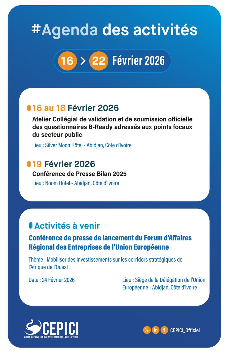 𝐃é𝐜𝐨𝐮𝐯𝐫𝐞𝐳 𝐥'𝐚𝐠𝐞𝐧𝐝𝐚 𝐝𝐞 𝐧𝐨𝐬 𝐚𝐜𝐭𝐢𝐯𝐢𝐭é𝐬 𝐝𝐮 𝟏𝟔 𝐚𝐮 𝟐𝟐 𝐅é𝐯𝐫𝐢𝐞𝐫 𝟐𝟎𝟐𝟔

Découvrez l’agenda de nos activités. Pour toute information complémentaire ou de participation, veuillez nous contacter à​ l’adresse suivante : infos.cepici@cepici.ci ou