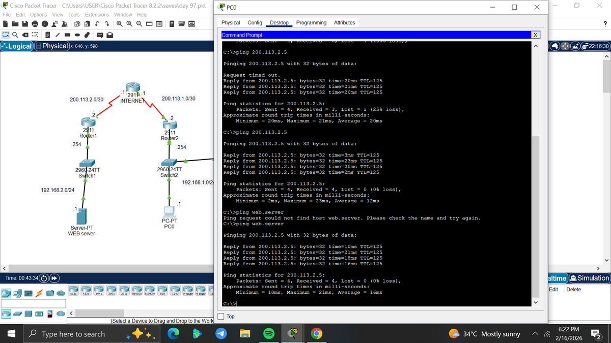amyy_nwa's tweet photo. Day97/100 #100DaysOfNetworking
Configured the translation of the web server private IP address to a public one
Applied an extended ACL permitting only HTTP and ICMP traffic to the server.
Deployed an A-record on the DNS Server. @ireteeh @TemitopeSobulo @segoslavia https://t.co/gEAVtgfPEt