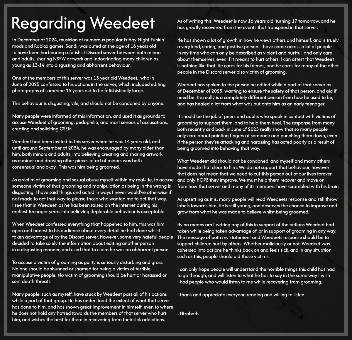 Regarding Weedeet

Trigger warnings for mentions of grooming, fetishes, and CSEM.