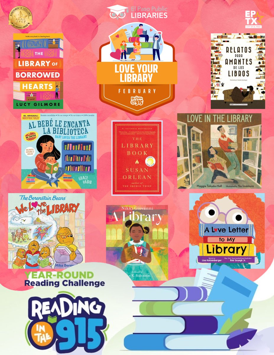 elpasolibrary's tweet photo. We ❤️ Reading in the 915!
Here are some book recommendations that fit our February theme, Love Your Library! 😍
Visit https://t.co/kazDSze2Q5 to register for the #ReadingInThe915 challenge. #ElPasoPublicLibrary https://t.co/XBrBMS3OOe