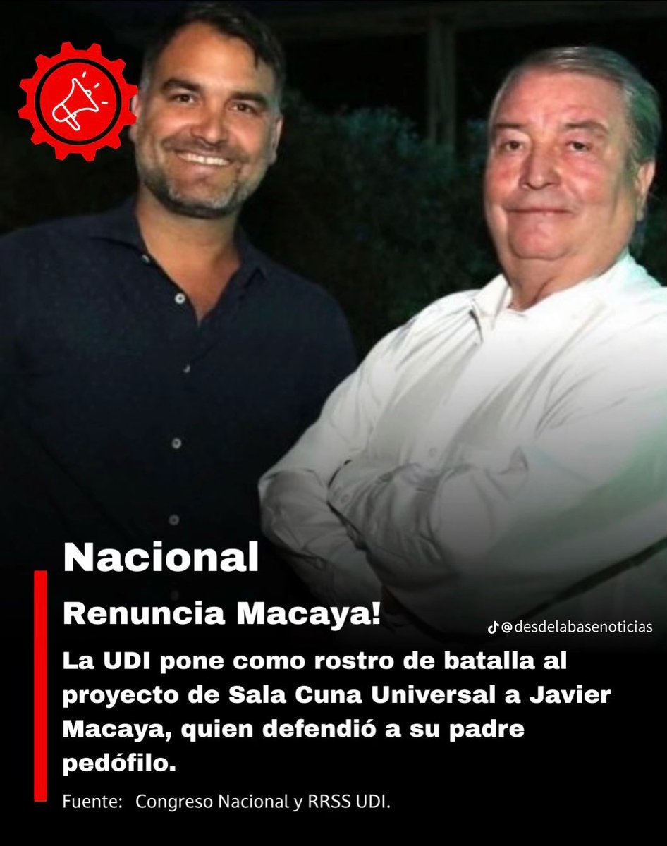 p4purrip0p's tweet photo. Renuncia Macaya!
La UDI pone como rostro de batalla al proyecto de Sala Cuna Universal a Javier Macaya, quien defendió a su padre pedófilo. https://t.co/X9AU4M94Yt