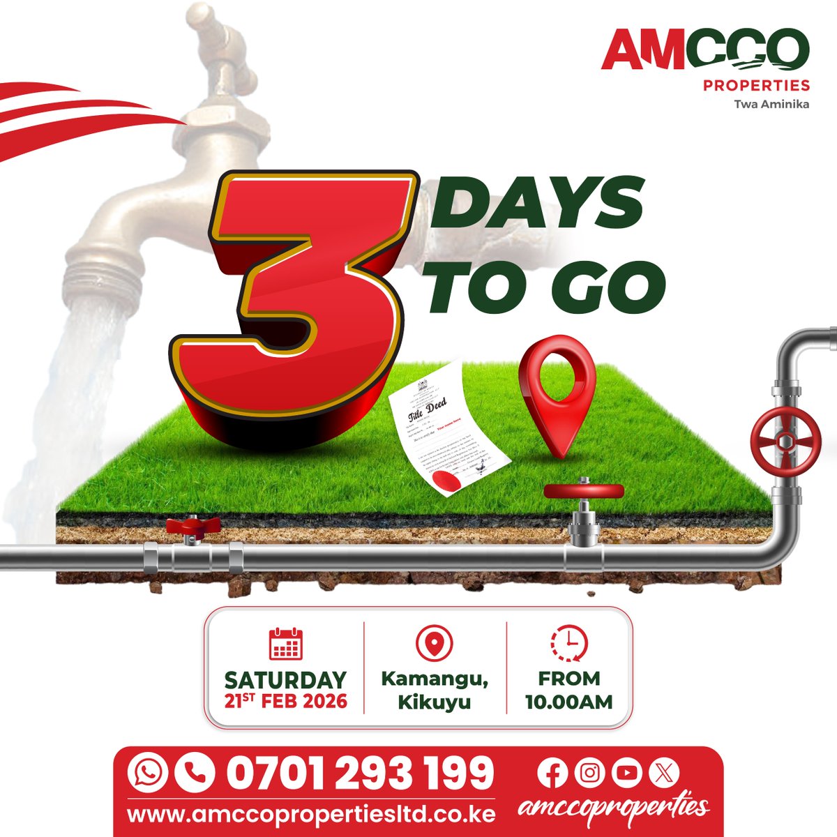 AmccoProperties's tweet photo. 3 DAYS TO GO: Water Connections
KG5 in Kamangu, Kikuyu comes with reliable water access. Everything is set for you to start building in Kamangu.
Join us this Saturday, 21st at the launch.
Call 0701โฏ293โฏ199 or WhatsApp https://t.co/d7imuZTFaV
#plotsforsale #newprojectalert #realestatekenya #twaaminika