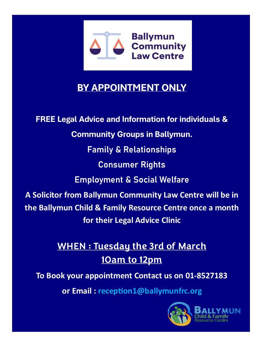 BCFRC1's tweet photo. ❗ By APPOINTMENT ONLY ❗

Call us today on 01-8527183 or Email reception1@ballymunfrc.org to secure your appointment.

Spaces fill up quickly, so don’t leave it last minute !!!

#FreeLegalAdvice #CommunitySupport #KnowYourRights #bclc #familyresourceirl https://t.co/QKZnsdjHM8
