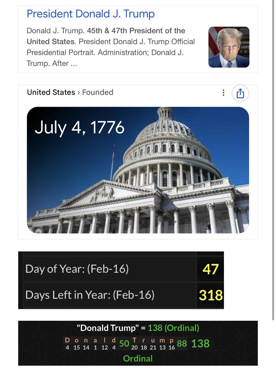 The United States was founded on 7/4 Today is 138 days before 7/4 on the 47th DOY 
Donald Trump = 138, the 47th President Today is President's Day 🇺🇸 

Crazy how it always lines up like this — almost like we live in a scripted reality? 👁️📝