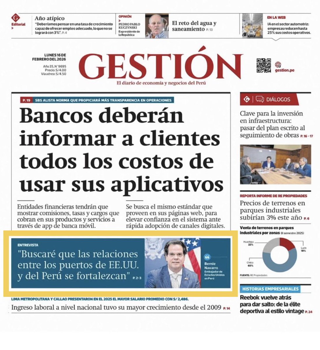 USEMBASSYPERU's tweet photo. "EE. UU. también comercia con China. Eso no lo ocultamos, pero nunca les daríamos nuestros activos críticos para que los manejen. Ni las redes eléctricas, los puertos o los ferrocarriles." _
— @USAmbPeru Navarro hoy en @Gestionpe 

https://t.co/VmMxpFHhdN https://t.co/9KPVMlTdqv