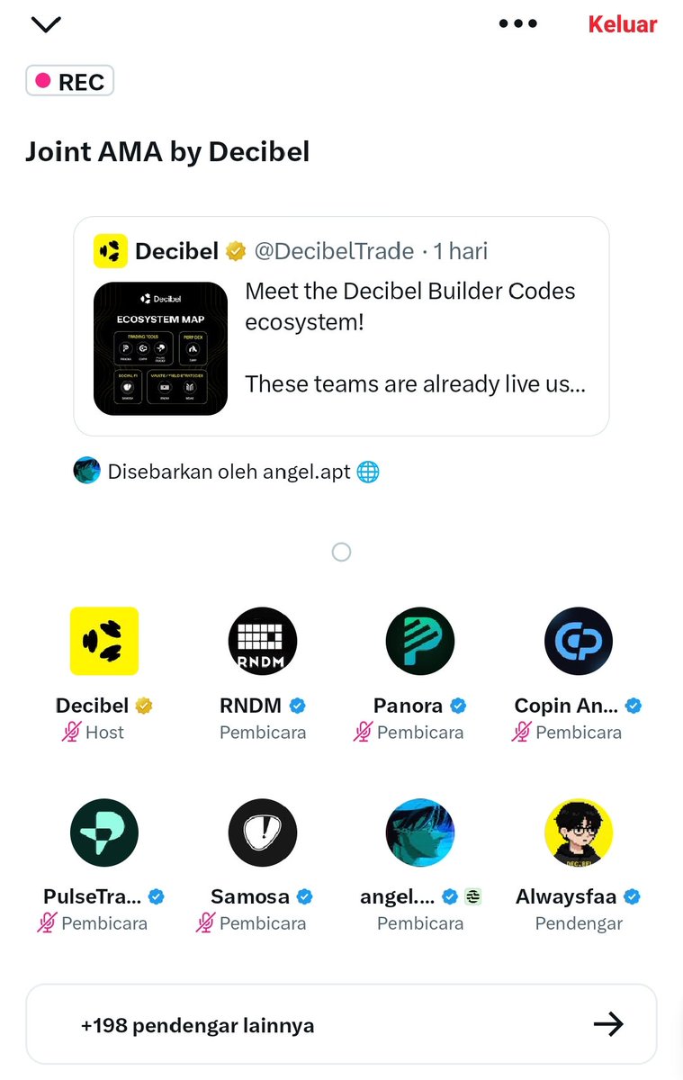 YaaYeuhh85021's tweet image. Sudah selesai dan masing masing tim sempat jelasin update produk serta apa yang sedang mereka kembangkan di atas open execution layer Decibel.

Buat yang belum sempat join, bisa cek replay untuk dengar pembahasannya lengkap disini
x.com/i/spaces/1YpJk…

@DecibelTrade