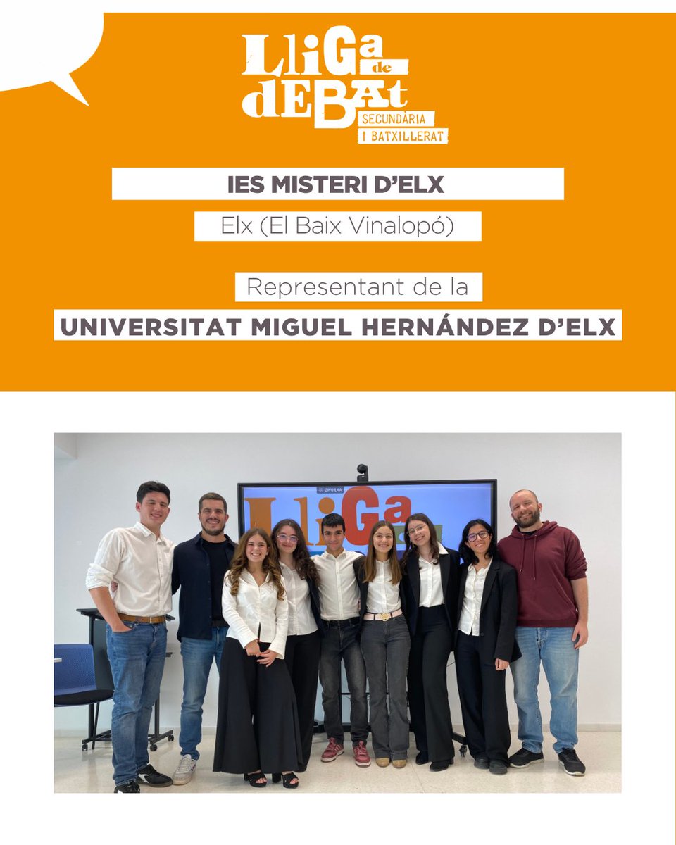 📢 Tenim nous campions! 🏆 L' <a href="/iesmisteridelx_/">IES Misteri d'Elx</a> representarà la <a href="/UniversidadMH/">UMH</a> a la final de la #LligadeDebat de #Secundària i #Batxillerat 

🥈 Molt bona feina a l'equip de l' <a href="/iessantapola/">IES Santa Pola</a>, subcampió de la competició!

👇