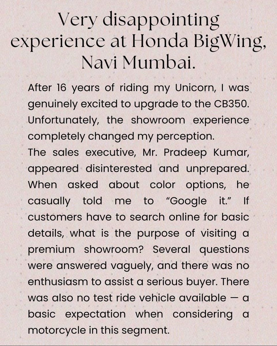 Clifftonishtic's tweet photo. A premium bike deserves a premium showroom experience. Sadly, that wasn’t the case. When sales support disappoints, customers look elsewhere. Experience matters. #HondaBigWing #CustomerServiceMatters #NaviMumbai #RiderExperience #RoyalEnfield #CustomerCare #BikeCommunity https://t.co/x25paHHk9F
