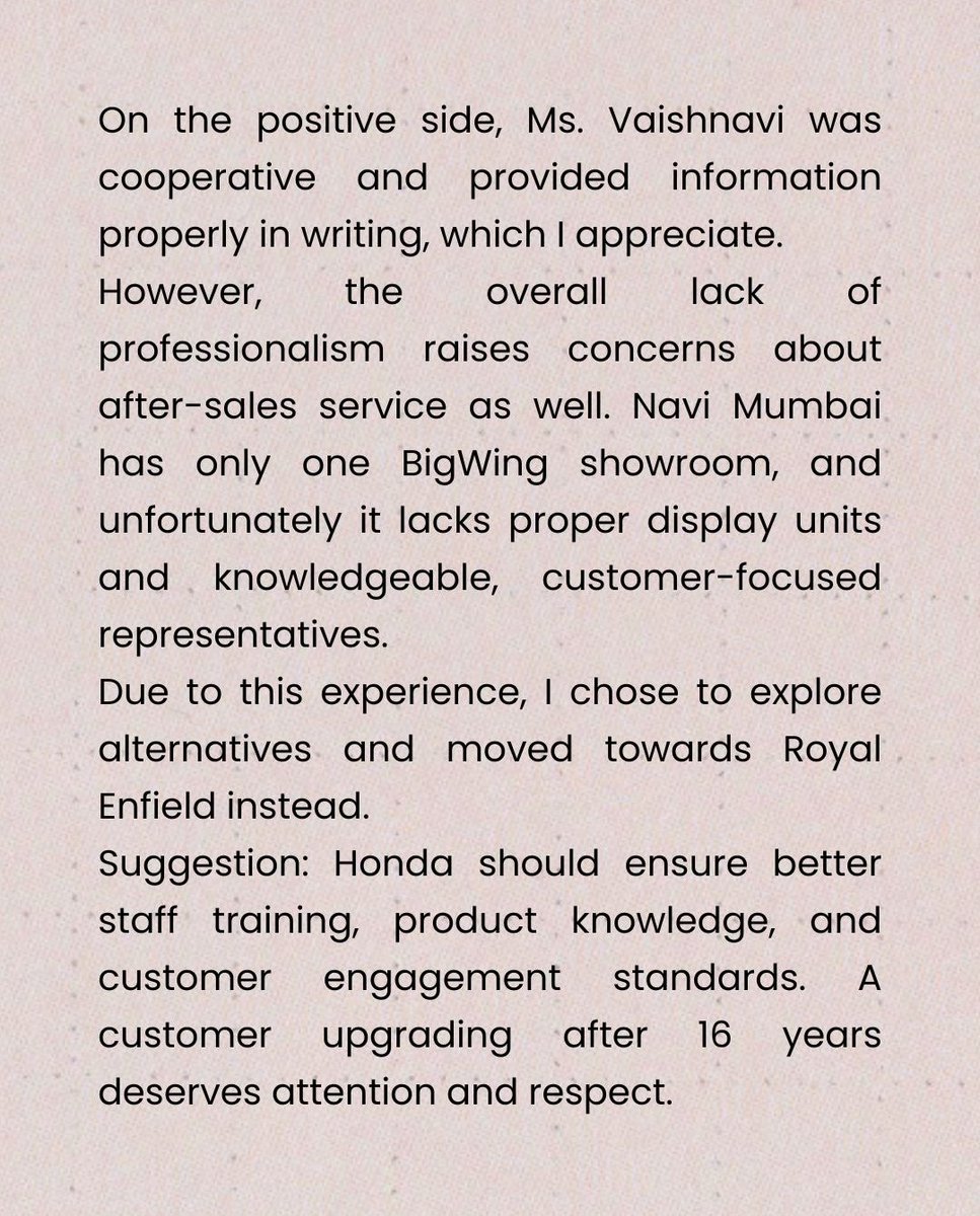 Clifftonishtic's tweet photo. A premium bike deserves a premium showroom experience. Sadly, that wasn’t the case. When sales support disappoints, customers look elsewhere. Experience matters. #HondaBigWing #CustomerServiceMatters #NaviMumbai #RiderExperience #RoyalEnfield #CustomerCare #BikeCommunity https://t.co/x25paHHk9F