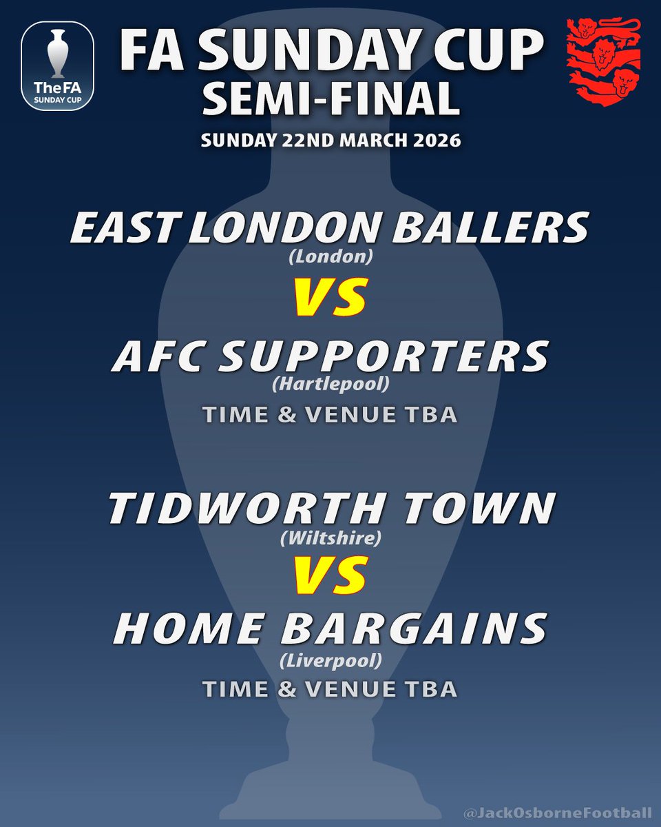 The Draw for the #FaSundayCup Semi Finals has been made 🏆🏴󠁧󠁢󠁥󠁮󠁧󠁿⚽

<a href="/FASunday_Cup/">FA Sunday Cup</a> <a href="/EnglandFootball/">England Football</a>

#sundayleague #football