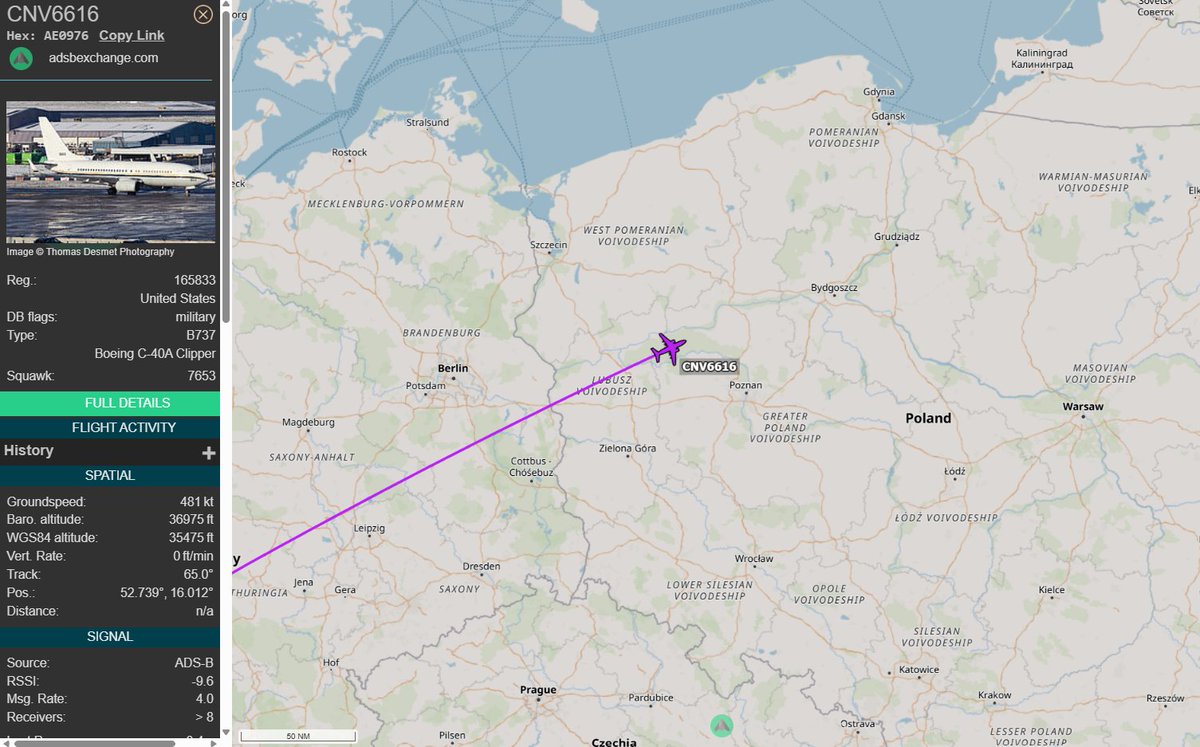 PolishMilRadar's tweet photo. ๐
16.02 ๐ 14:05LT - ๐บ๐ธโ๏ธ C-40A Clipper US Navy tranzytem ๐ฑ๐น
๐บ๐ธ Marynarka Wojenna Stanรณw Zjednoczonych #USNavy
โ๏ธ Boeing C-40A Clipper (737-7AFC(WL)) "165833"
๐ซ Stuttgart #EDDS ๐ฉ๐ช
๐ฌ Palanga #EYPA ๐ฑ๐น
#CNV6616 leci na FL370
๐ Link do ลledzenia w komentarzu โฌ๏ธ
#POLMILRADAR https://t.co/nPbpqWv3TX