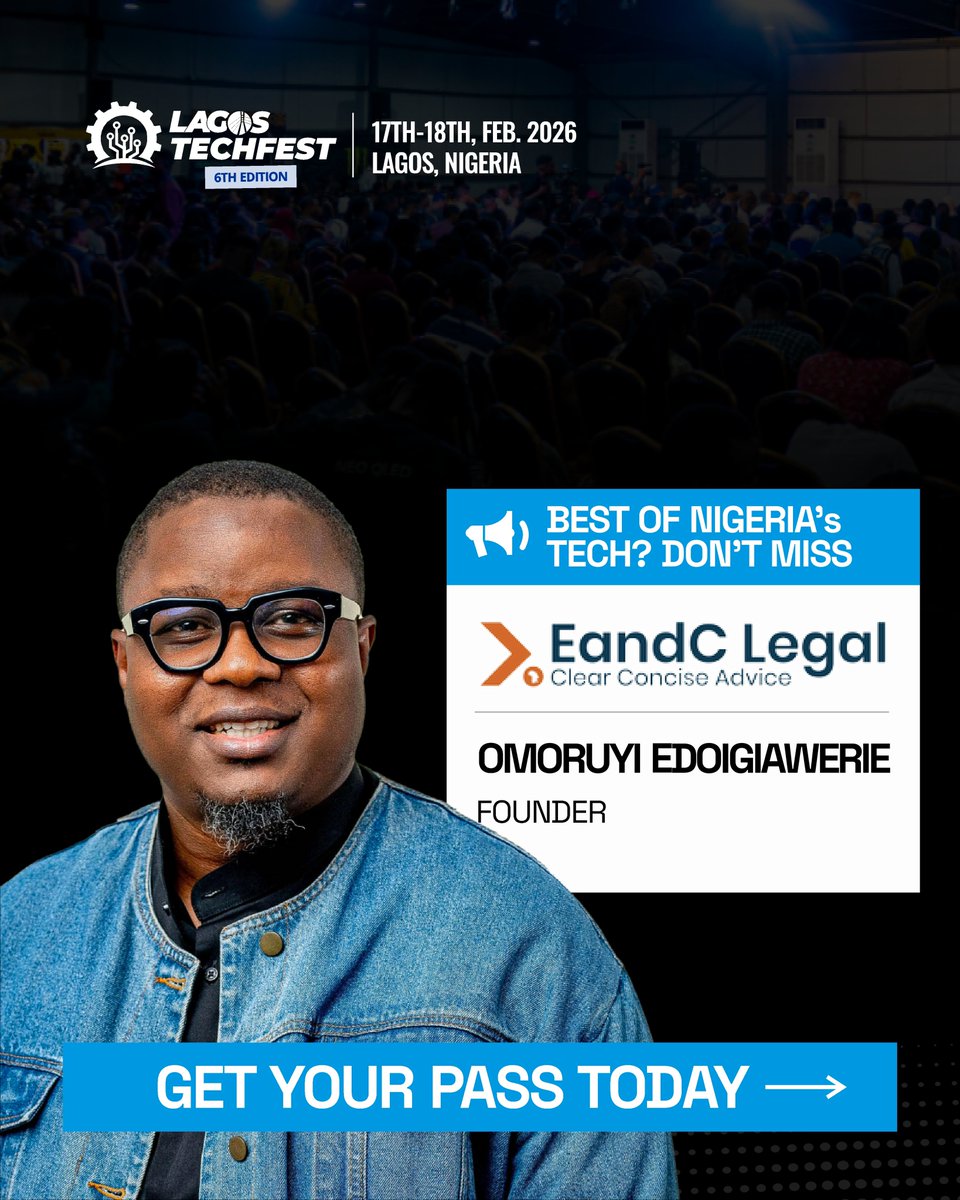 Exciting news ✨

Meet Omoruyi Edoigiawerie, Founder at EandC Legal, who will be joining the stage as a Speaker at Lagos Tech Fest 2026.

Omoruyi Uyilaw Edoigiawerie is a leading Startup Attorney, Notary Public of Nigeria, and one of Africa’s most influential legal voices in
