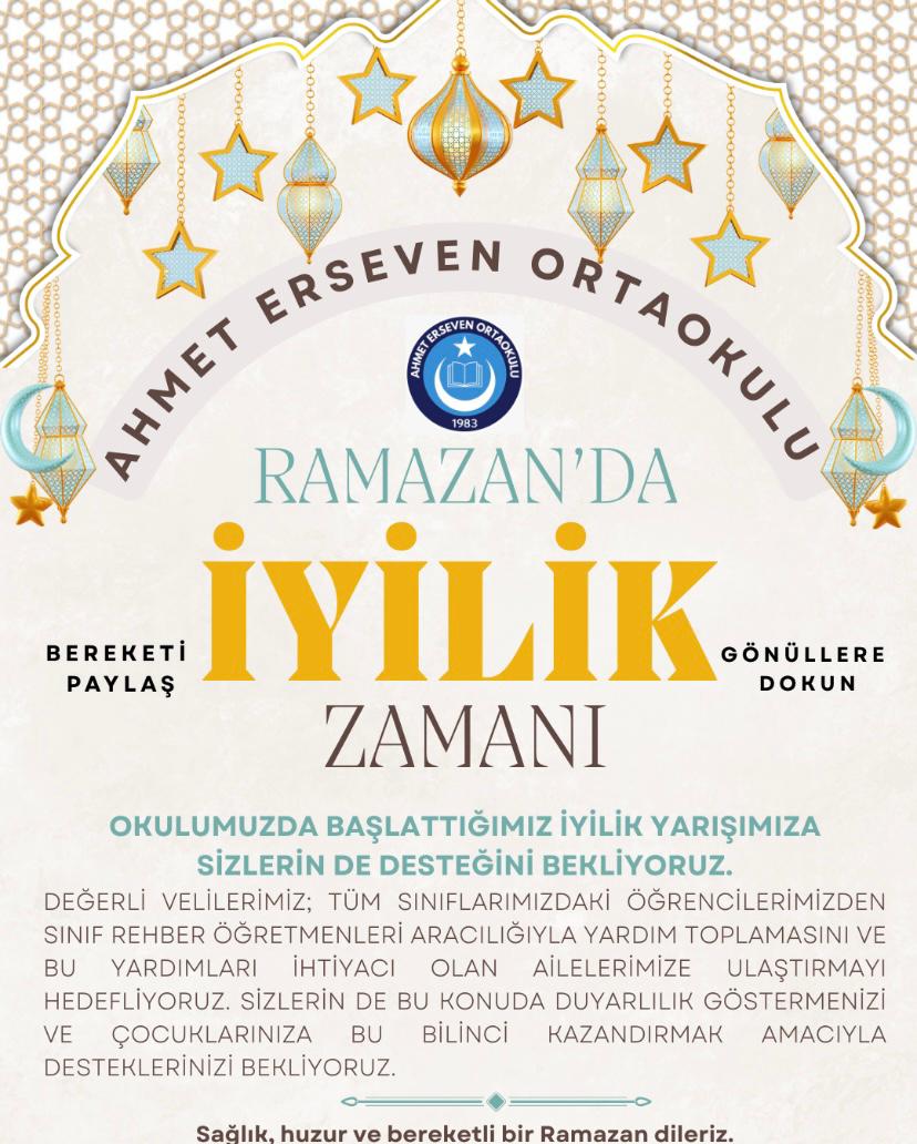 🌙 Ramazan Ayı Yardımlaşma Seferberliği 🌙

​Değerli Velilerimiz,
​Ramazan ayının paylaşma ve dayanışma ruhunu öğrencilerimizle birlikte yaşamak ve yaşatmak amacıyla okulumuzda anlamlı bir yardım kampanyası başlatıyoruz.
#RamazanRuhunuYaşat #Ramadan2026
<a href="/mserkansahin/">Dr. Muhammed Serkan SAHIN</a>