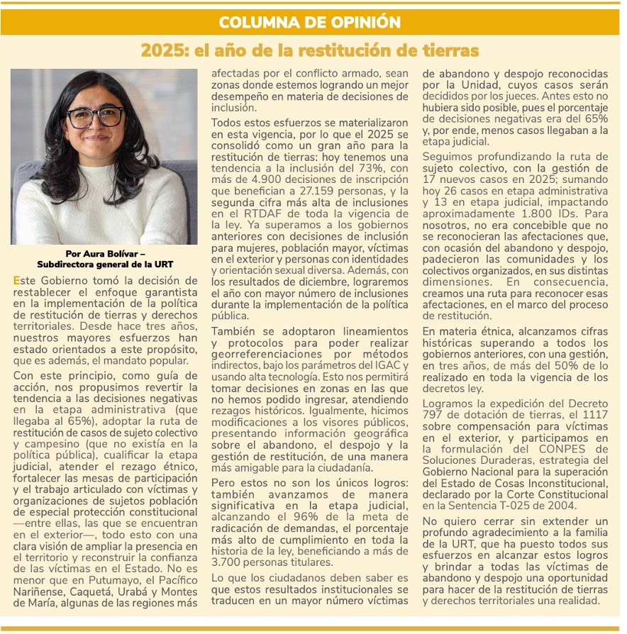aurabolivar83's tweet photo. En la última edición del periódico digital #vidaurt de 2025, identificamos los logros, avances y protagonistas de los procesos de restitución de tierras en todo el país, al 15 de diciembre.
Pueden acceder al informe completo aquí 📷 https://t.co/E3BvE3IKFY
#ConDignidadCumplimos https://t.co/MyObJ5LXYr