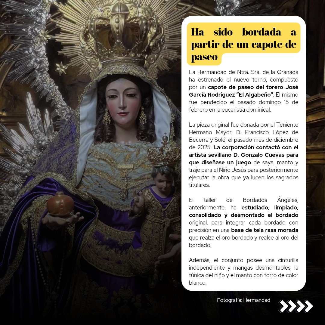 ProvinciaCofrad's tweet photo. 🎶 La Hermandad de Ntra. Sra. de la Granada (@coronadagranada) ha bendecido un nuevo terno para su titular confeccionado a partir de un capote de paseo.

🪡 Durante los últimos dos meses, la pieza ha sido confeccionada por el taller de @BordadosAngeles. https://t.co/VgprT8KsY0