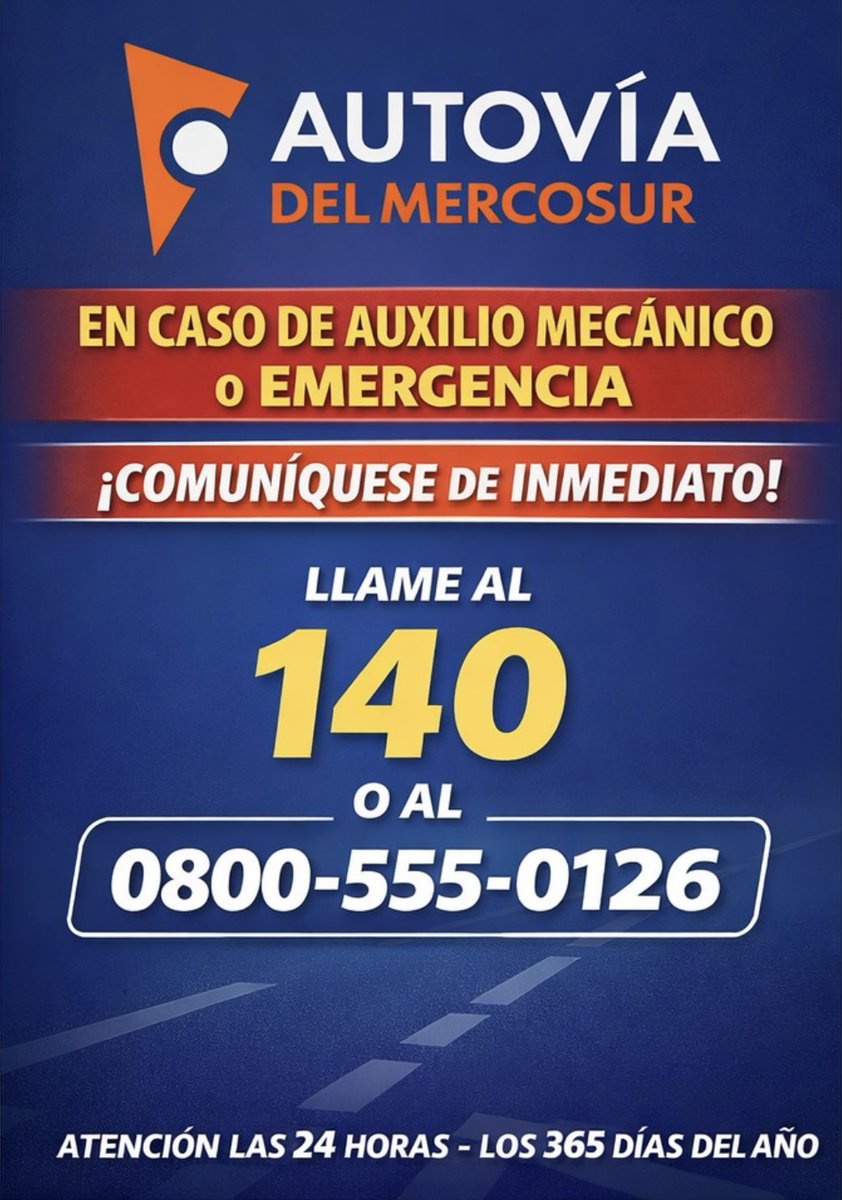 ATN CONDUCTORES 
🗨️ Para Emergencia o Asistencia Vial en 🌉🌉 Zte-BL y 🛣️ RNs 12 y 14 gestionadas por AUMESA.
📱140.
<a href="/mbradanini/">Mariano Bradanini</a>