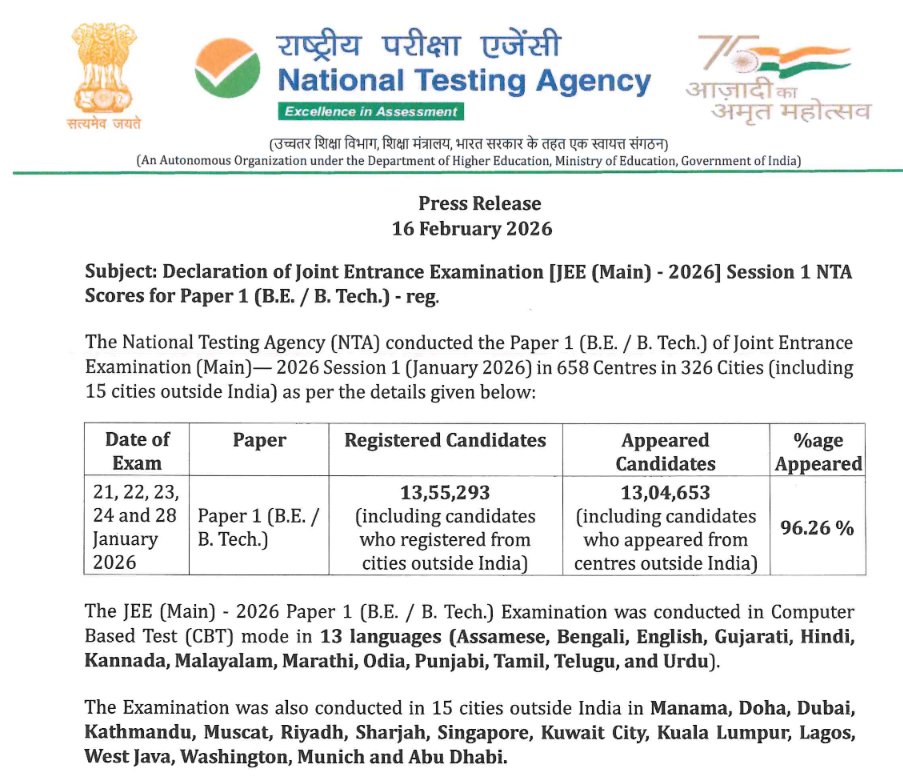 srofficial2012's tweet image. NTA JEEMAIN Session I Result with Score Card Released
#SarkariResult #NTA 
Click to Check : 
sarkariresult.com/2026/nta-jeema…