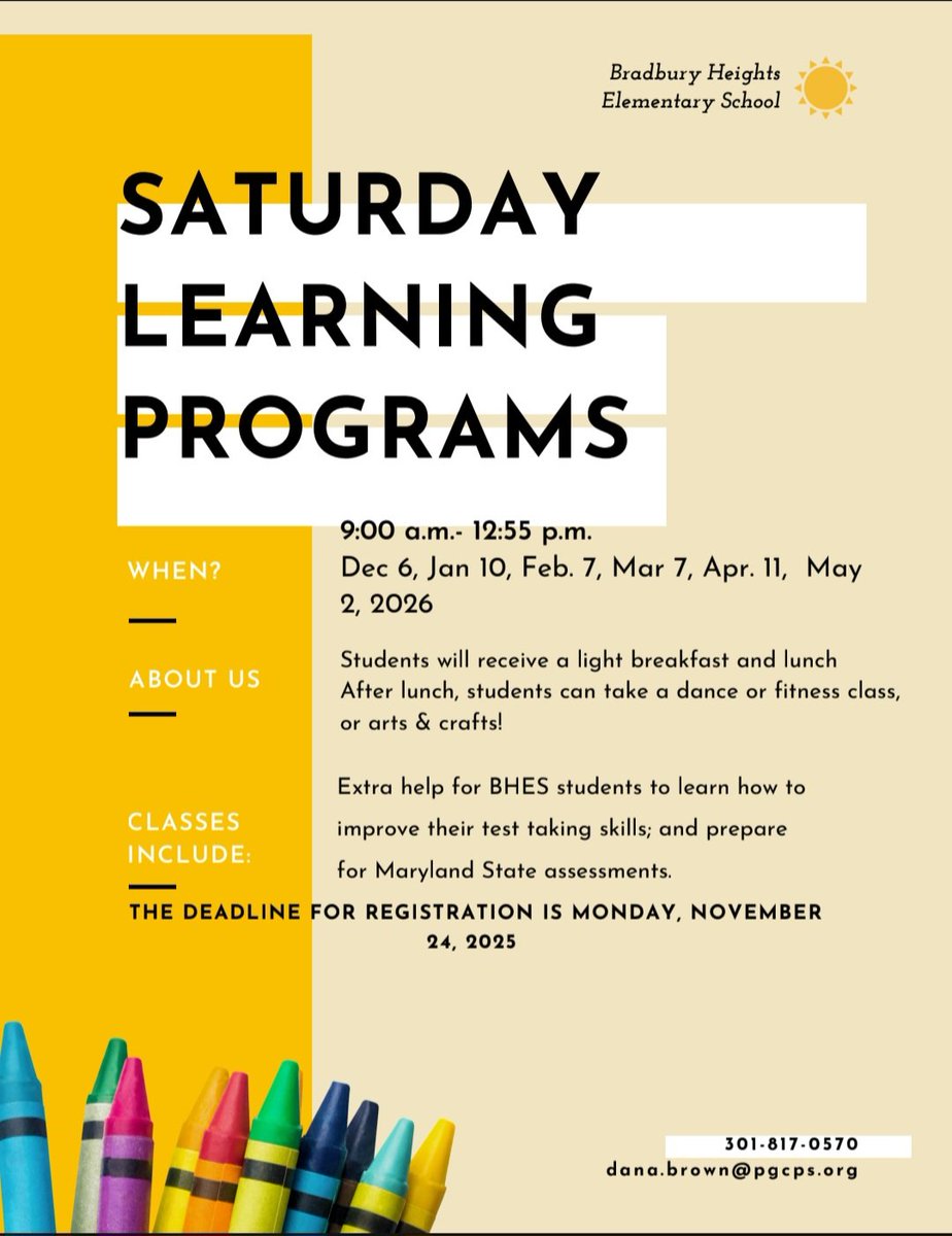 BradburyHeights's tweet image. ⏰️🎒Saturday School 🏫 ✏️ 

We are so 🎉excited about the 🏫 weekend events and programs hosted by our Community Schools Team. 

✅️Breakfast 🥤🥐&amp;amp; Lunch ✅️State/County Assessments

Contact Mrs. Brown for more information.

#bradburyheights #BHES #BHESPTOSQUAD #BHESEagles