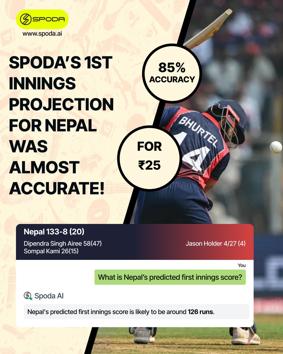 SPODA_AI's tweet photo. #WIvsNEP predictions that Spoda AI absolutely nailed: 

Shimron Hetmyer fell only 6 short of spoda's prediction, and Nepal's first innings score projection was almost accurate! 

#ICCMensT20WorldCup2026 #INDvsPAK #INDvPAK #SportsBettingX #sportsbettingpicks 
[ Babar Azam Mike Hesson Adil Rashid Shivam Dube T20Is Hardik ]