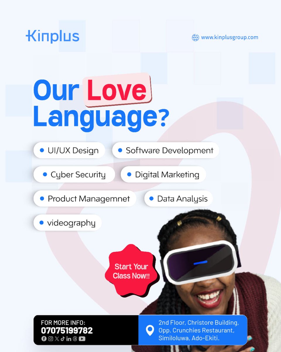 kinplustech's tweet photo. Season of love? 💖
Our love language at Kinplus Technologies: UI/UX | Software Dev | Cyber Security | Digital Marketing | Product Mgmt | Data Analysis | Videography. Fall in love with skills that pay forever. Start your class NOW! #Kinplus #TechLoveLanguage #SkillUp #Future https://t.co/1cfSa3sKjj