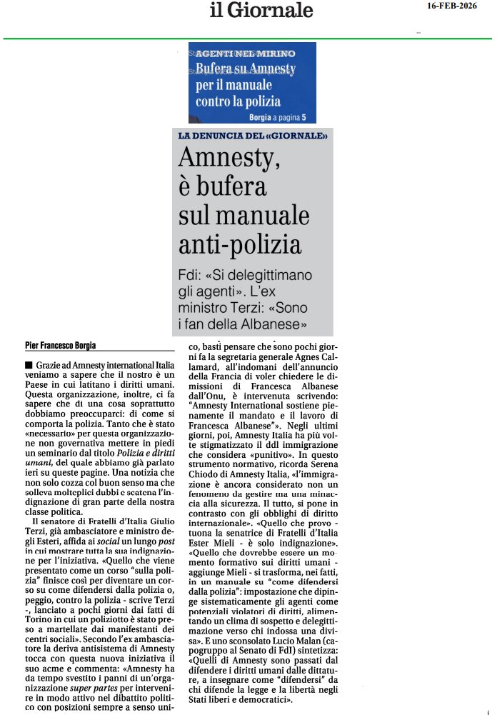 LA DENUNCIA DEL "GIORNALE" - Amnesty, è bufera sul manuale anti-polizia.
FdI: «Si delegittimano gli agenti». L'ex Ministro Terzi: «Sono i fan della #Albanese»
<a href="/FratellidItalia/">Fratelli d'Italia 🇮🇹</a> <a href="/fdieuropa/">Fratelli d'Italia - ECR Parlamento Europeo</a> <a href="/FDI_Parlamento/">FDI Parlamento</a> <a href="/ecrgroup/">ECR Group</a> <a href="/theglobalnewsit/">The Global News</a> <a href="/GlobalCRL/">GlobalCRL</a> <a href="/ilgiornale/">ilGiornale</a>