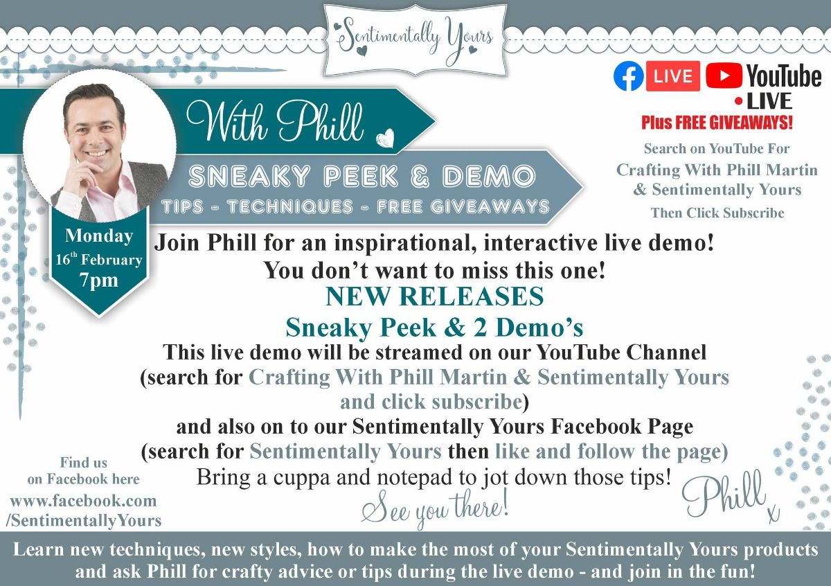 Brand New Product Release - *
Join Phill at 7pm tonight for the latest product release!
The live will be broadcast on the Sentimentally Yours Facebook Page and YouTube Channel.
See you there!
|URL|*