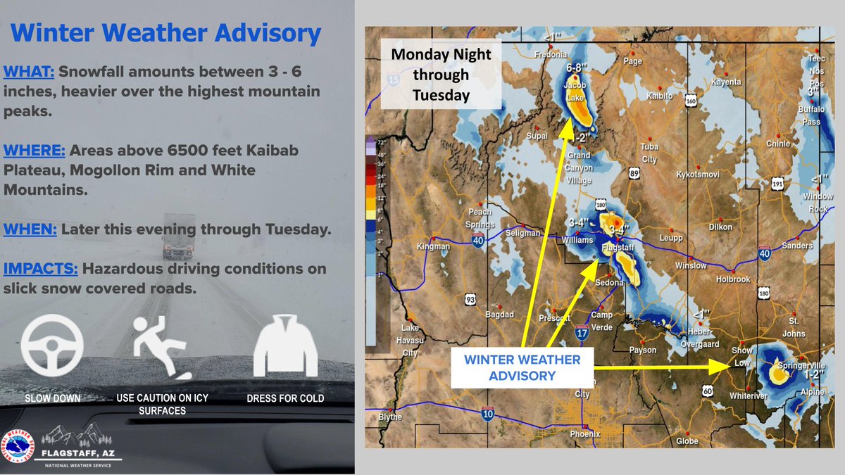 Look for wind gusts of 40-50 mph over higher elevations portions of northern AZ today thru Tuesday. In addition, accumulating snow is forecast later tonight through Tuesday with the highest general totals of 3-8 inches Kaibab Plateau, Mogollon Rim and White Mountains. #azwx