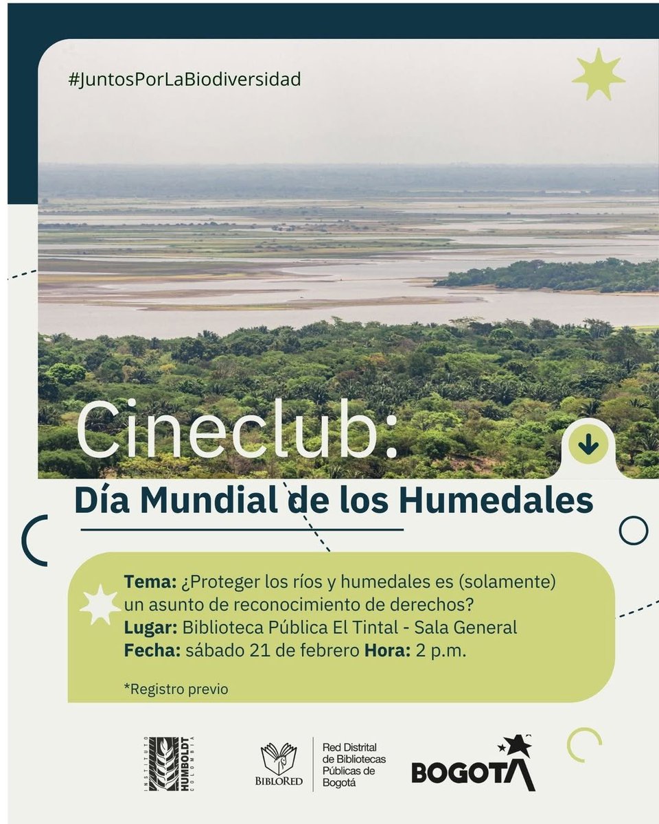 Te invitamos a participar en dos eventos que tendremos en la Biblioteca El Tintal junto a <a href="/BibloRedBogota/">BibloRed Bogotá</a> y <a href="/Ambientebogota/">Secretaría de Ambiente</a> para conmemorar el #DíaDeLosHumedales. Inscríbete en estos formularios:

Carrera de observación: 
forms.gle/9npWz1u3Zr7wdQ…

Cineclub:
forms.gle/6iBuv5D7DRPmVb…