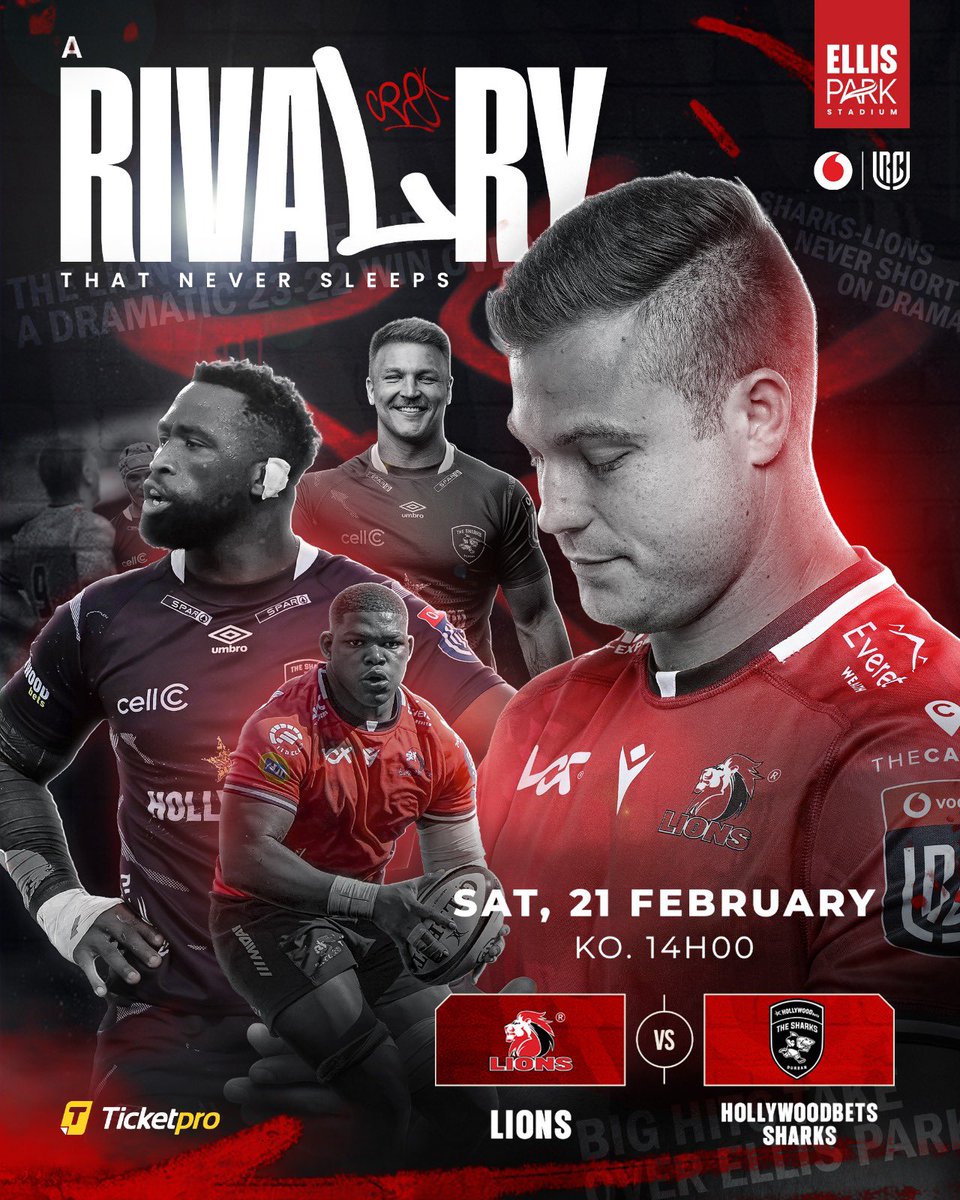 This Saturday. Ellis Park.
Rivalry. Physicality. No step back.
Get your tickets now and stand with the Pride.
bit.ly/3MisiH4
<a href="/Vodacom/">Vodacom</a> #URC | #LIOvSHA | #ForOurCity | #LionsPride🦁