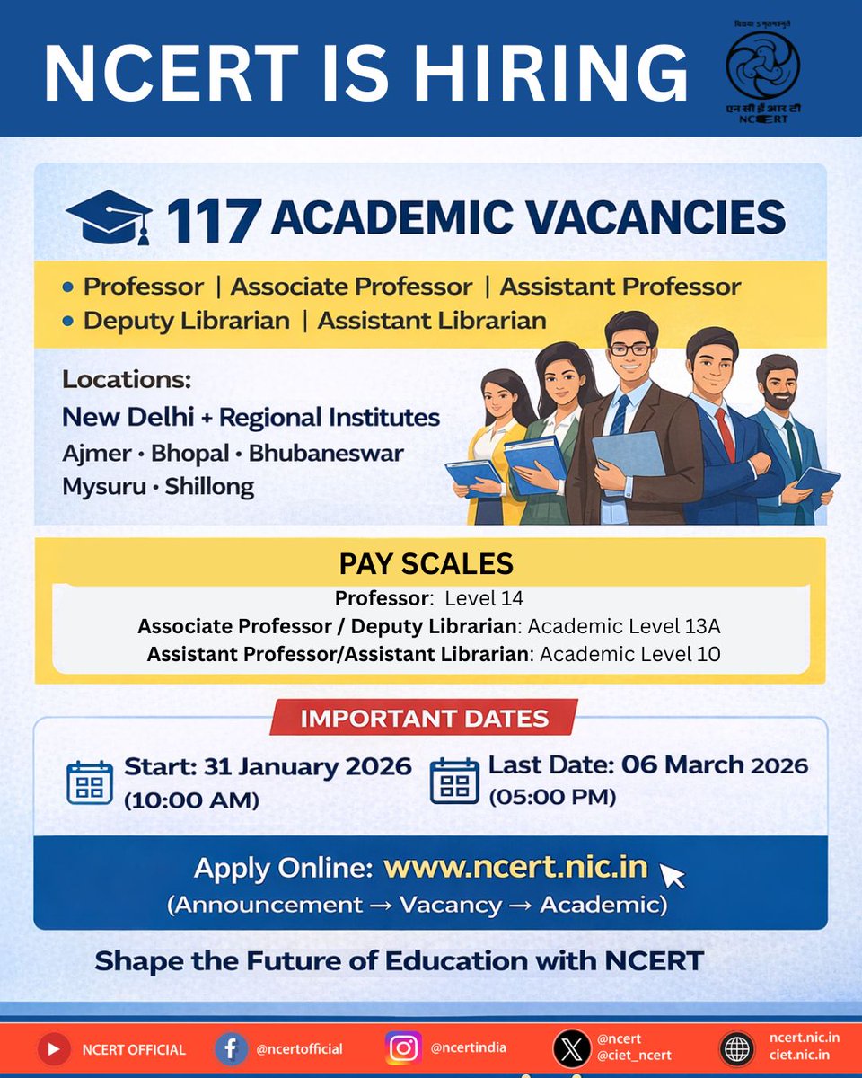 Last Date Extended – NCERT Recruitment 2026

Good news for aspiring candidates!

The last date to apply for Advt. No. 177/2026 (117 Academic Vacancies) has been extended.

New Last Date: 06 March 2026 (05:00 PM)

If you haven’t applied yet, this is your opportunity to join NCERT