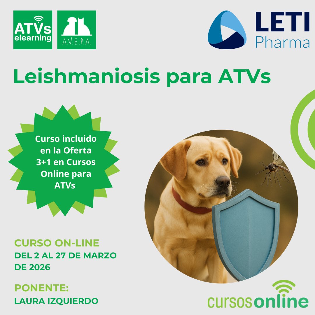 ATVsElearning's tweet photo. 👩‍🏫 Nuevo curso online para ATVs en Avepa Elearning: 𝗟𝗲𝗶𝘀𝗵𝗺𝗮𝗻𝗶𝗼𝘀𝗶𝘀 𝗽𝗮𝗿𝗮 𝗔𝗧𝗩𝘀
🗓️ Del 2 al 27 de marzo

Aprenderás a reconocer signos clínicos, apoyar en el diagnóstico y manejo del paciente e informar sobre tratamientos y prevención.

🔗 https://t.co/1iJkvVbVP5 https://t.co/yaVVIlgGVo