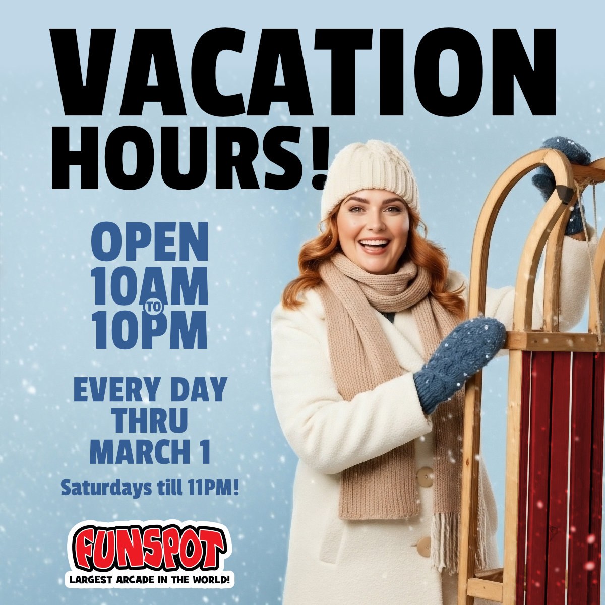 funspotnh's tweet image. Vacation day? Forget the sled! 🛷❄️ Come play some games! 🎮 Funspot is OPEN at 10AM today thru Mar 1. Nonstop FUN! 🤩  #FunspotNH #SchoolVacation