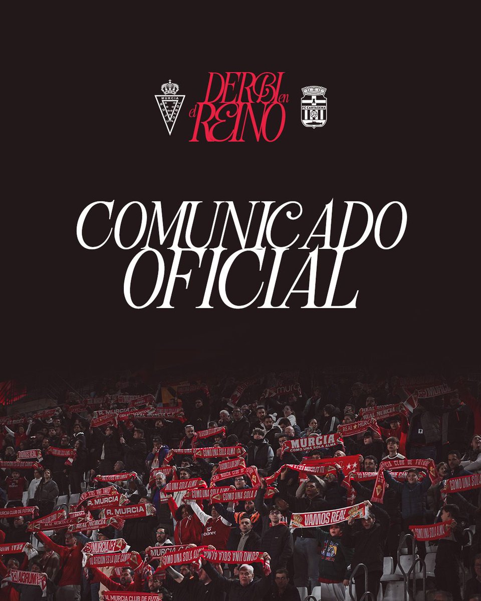 𝐂𝐎𝐌𝐔𝐍𝐈𝐂𝐀𝐃𝐎 | El Real Murcia C.F. – F.C. Cartagena ha sido declarado de alto riesgo por la Comisión Estatal contra la Violencia en el Deporte.

🔗 realmurcia.es/el-real-murcia…

#RealMurciaCartagena