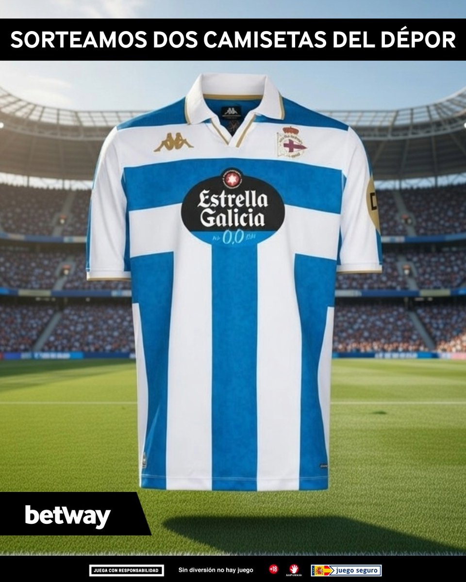 ¡𝐆𝐀𝐍𝐀 𝐋𝐀 𝐂𝐀𝐌𝐈𝐒𝐄𝐓𝐀 𝐃𝐄𝐋 𝐃𝐄́𝐏𝐎𝐑!💙 

Para celebrar nuestra alianza con este club histórico, sorteamos dos camisetas de la primera equipación del conjunto gallego.

¿𝐐𝐮𝐞́ 𝐭𝐢𝐞𝐧𝐞𝐬 𝐪𝐮𝐞 𝐡𝐚𝐜𝐞𝐫 𝐩𝐚𝐫𝐚 𝐩𝐚𝐫𝐭𝐢𝐜𝐢𝐩𝐚𝐫?
1. Seguir a Betway en la