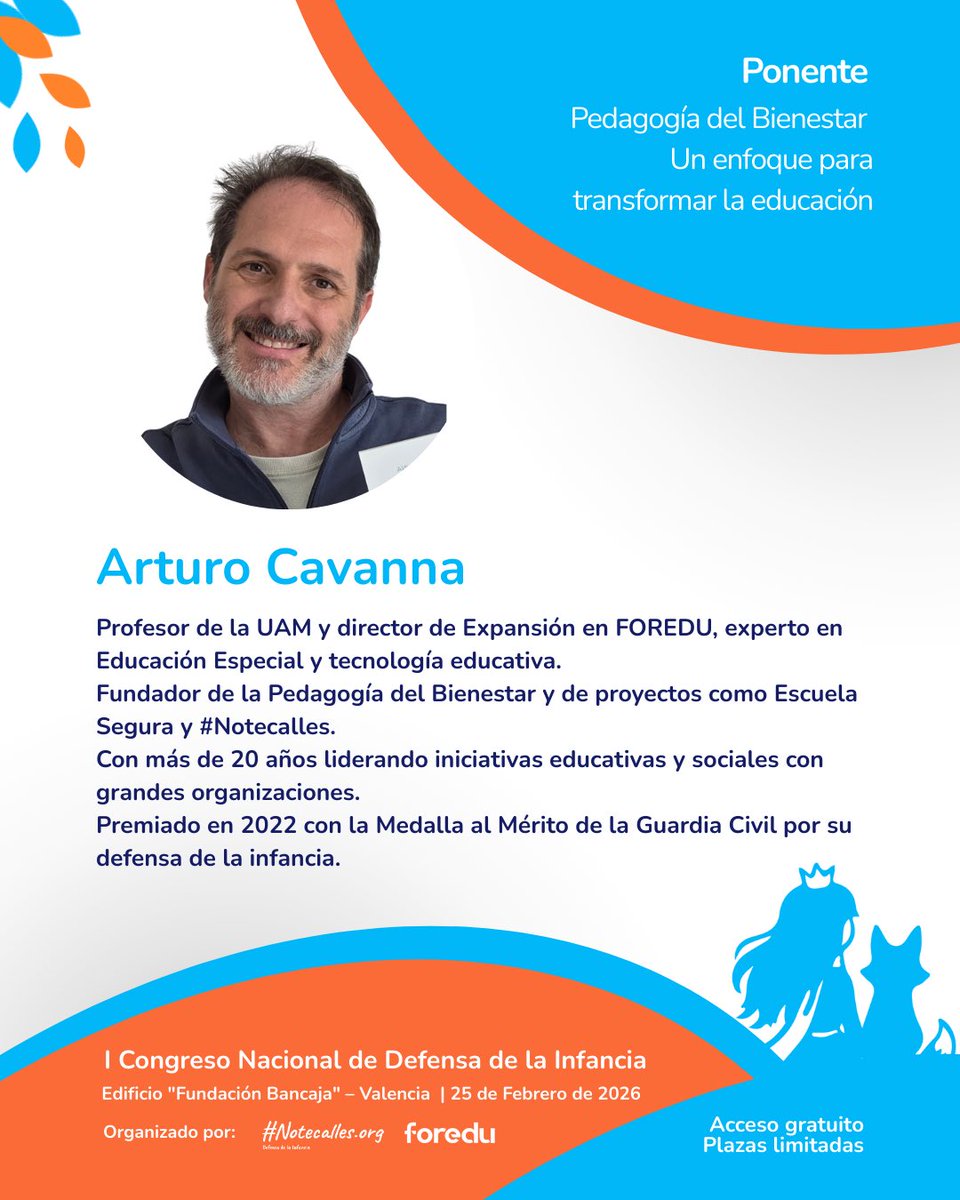 🎤 Ponente confirmado: Arturo Cavanna

✨ No te pierdas su ponencia sobre Pedagogía del Bienestar y el papel de la educación en la protección de la infancia.

📅 25 de febrero de 2026 
👉 Inscripción: congresodefensainfancia.com