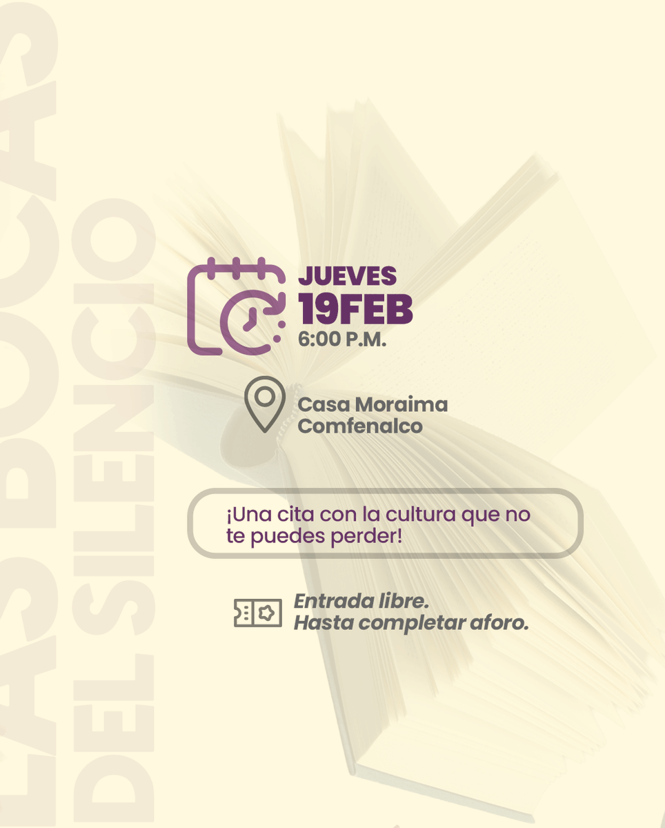 Te invitamos al lanzamiento del libro “Las Bocas del Silencio” del autor Juan Antonio Pizarro 📖
Una obra que promete emociones, reflexión y un encuentro íntimo con la palabra.

📅 Jueves 19 de febrero de 2026
🕕 6:00 p.m.
📍 Casa Moraima Comfenalco
🎤 Invitada presentadora: