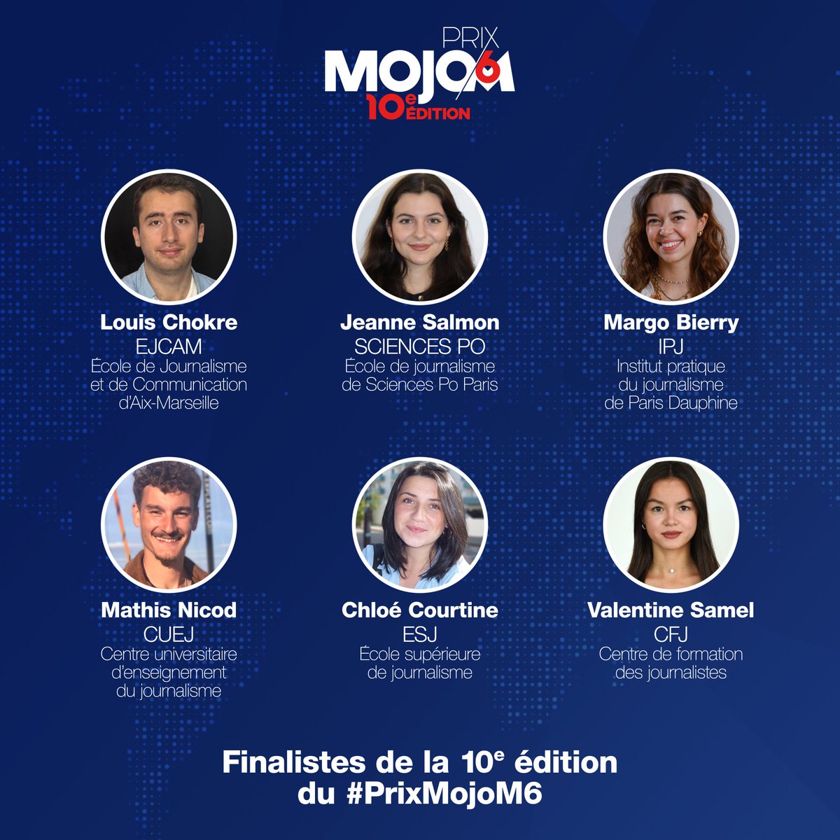 M6campus's tweet image. #Concours
Le jury du #PrixMojoM6 a sélectionné 6 talents prometteurs parmi de nombreuses candidatures pour participer au concours du @M6Groupe. Félicitations à nos finalistes et merci à tous les étudiants qui ont pris le temps de partager leur dossier avec nous !