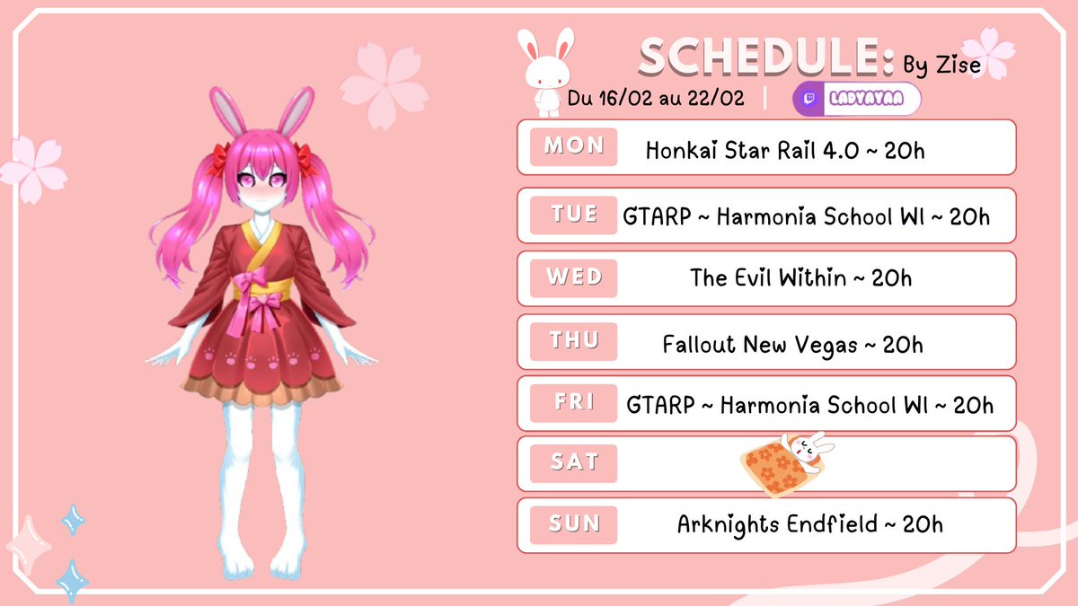 Blop vous avez vue j'ai un jolie Schedule maintenant (merci Booth où je trouve mon bonheur >< ) faudra au moins quand j'ai les sous sous com un zolie fanart de mon avatar a mettre dessus également >< bref le planning de la semaine <3 

Schedule By Zise