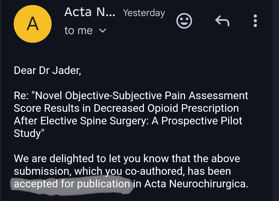ArwaJader's tweet photo. Excited to share that two of our manuscripts have been accepted in Acta Neurochirurgica! 🧠✨
📌 Full-endoscopic SI joint denervation for chronic low back pain (systematic review)
📌 Novel pain assessment score reducing opioid prescription after elective spine surgery (prospective pilot study)
#Neurosurgery #SpineSurgery #LowBackPain #PainManagement #Opioids #Research #Publication #ActaNeurochirurgica