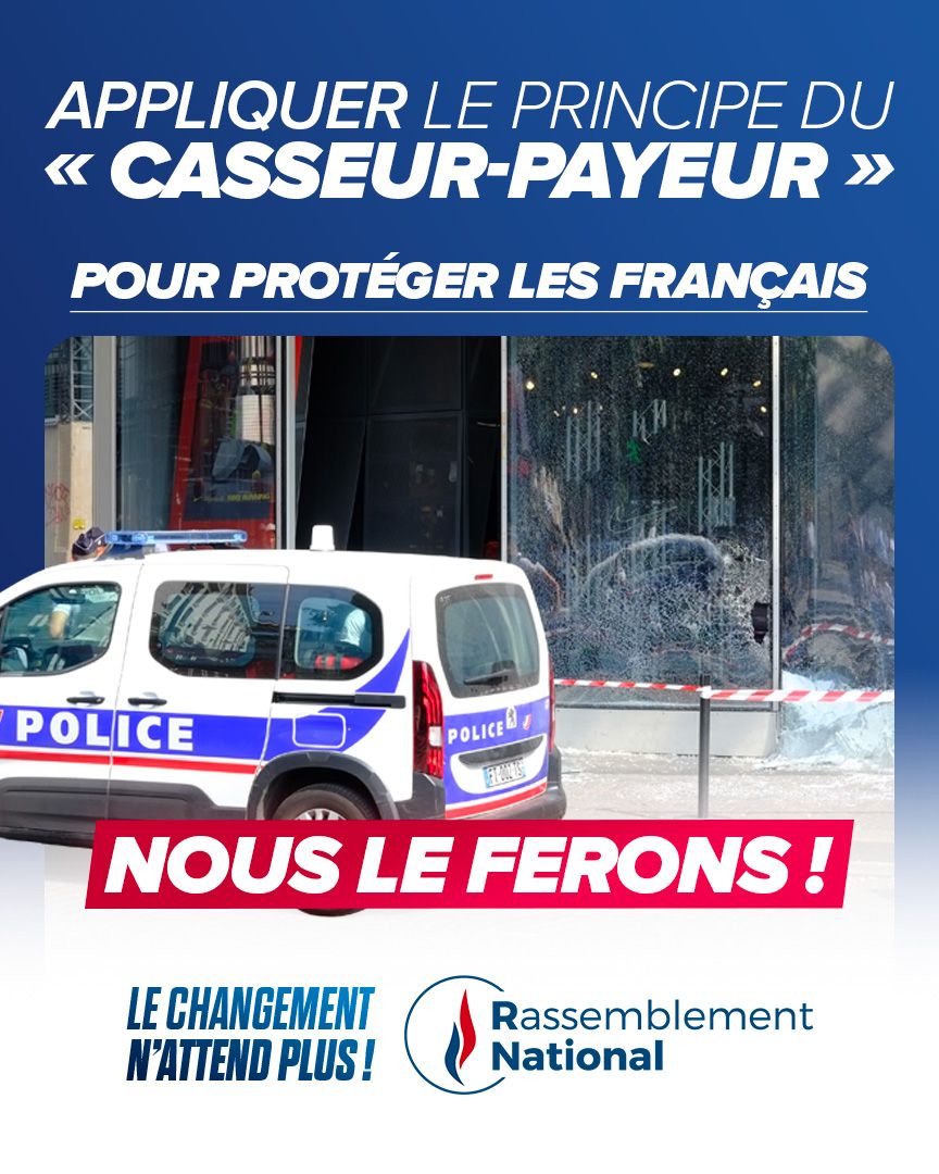 🔴 Parce que nous refusons que les gens honnêtes subissent davantage les dégâts des racailles, nous appliquerons le principe du « casseur-payeur » !

Avec nous, ceux qui pillent, saccagent et agressent devront assumer pleinement les conséquences de leurs actes. L’ordre et la