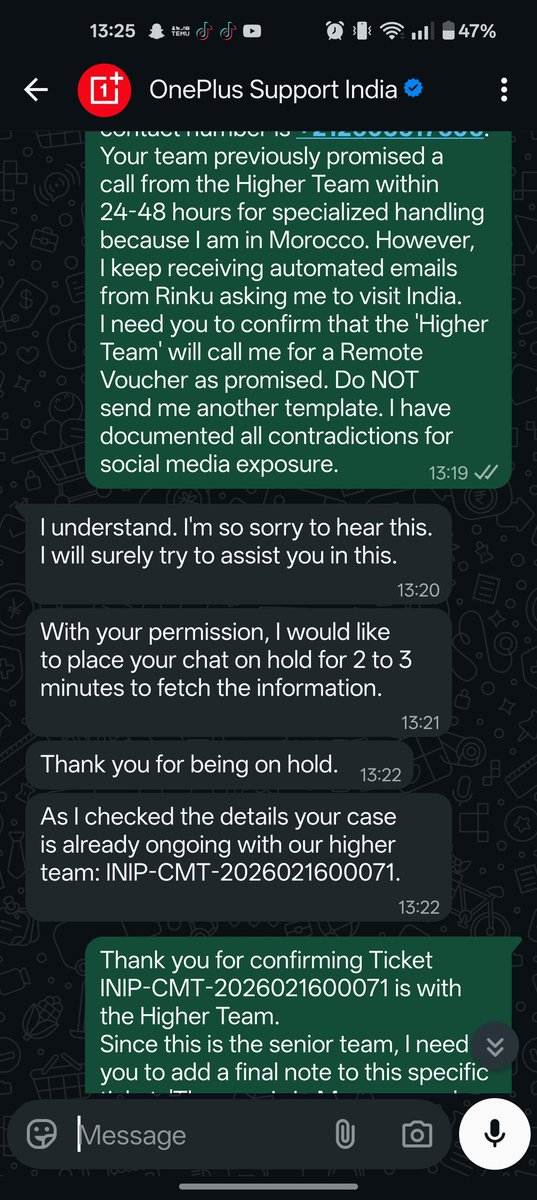 KhalilKhyari's tweet image. The plot thickens! After 3 tickets today, @OnePlus_IN now confirms Case INIP-CMT-2026021600071 is with the 'Higher Team'. I've been promised a call in 48h for my Remote Voucher. I'm watching you closely. No more India-visit excuses! @kinderliu @spenserblank #OnePlusScam