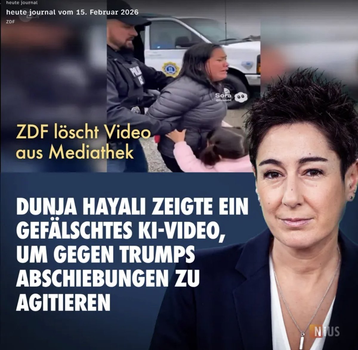 ZDF:
Dunja Hayali zeigte ein gefälschtes KI-Video, um gegen Trumps Abschiebungen zu hetzen

Dieser Betrug kostet dem Bürger nur 18,36 Euro im Monat...

Typischer Versuch von Manipulation und Indoktrination!
nius.de/medien/news/zd…