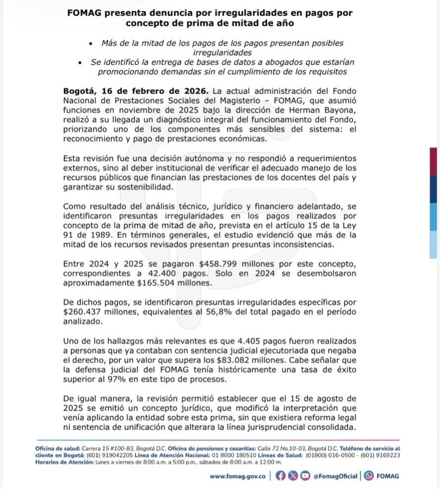 El Fondo Nacional de Prestaciones Sociales del Magisterio reportó inconsistencias en más de la mitad de los pagos revisados entre 2024 y 2025 por concepto de prima de mitad de año. La entidad radicó una denuncia ante la Fiscalía General de la Nación tras identificar desembolsos a
