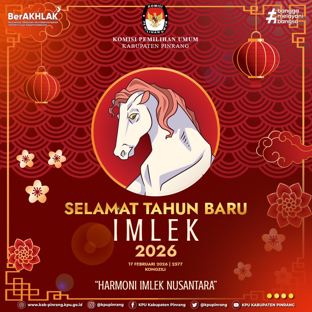 Keluarga Besar KPU Pinrang mengucapkan Selamat Tahun Baru Imlek 2026 / 2577 Kongzili! 🧧✨🐎

Mari jadikan "Harmoni Imlek Nusantara" sebagai simbol keberagaman yang memperkuat kerukunan &amp; demokrasi di Bumi Lasinrang.

Semoga bahagia &amp; makmur! Gong Xi Fa Cai! 🏮

#KPUPinrang