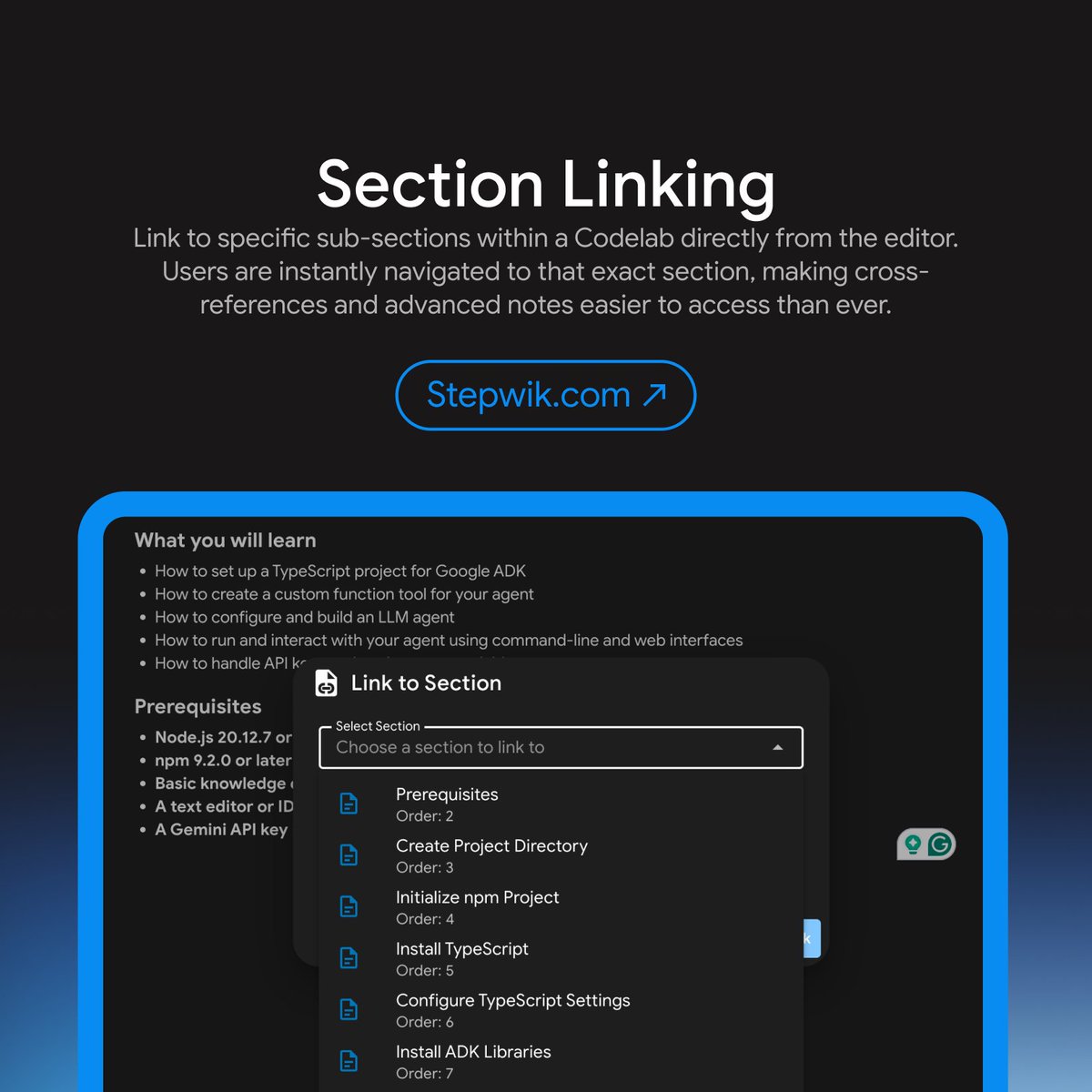 trystepwik's tweet photo. Stop asking users to "scroll back up to step two." 🛑

#Codelabs now supports Section Linking! 🔗

✅ Direct Anchors to any section 
✅ Instant teleportation to specific steps 

Better DX starts with better navigation. 

Try it now! 🚀
https://t.co/0egCQDytwF

#DevRel #stepwik https://t.co/3hZf8SUy3F